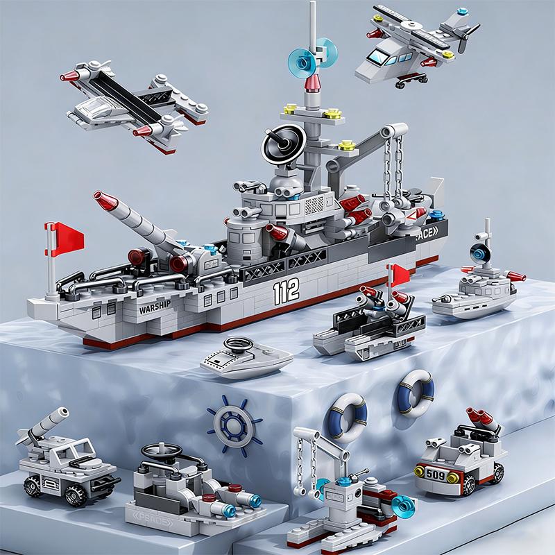 WW2 Navy Building Blocks Warship Battleship Model 8IN1 Assembly Toy Desktop Decoration Children Holiday Gift