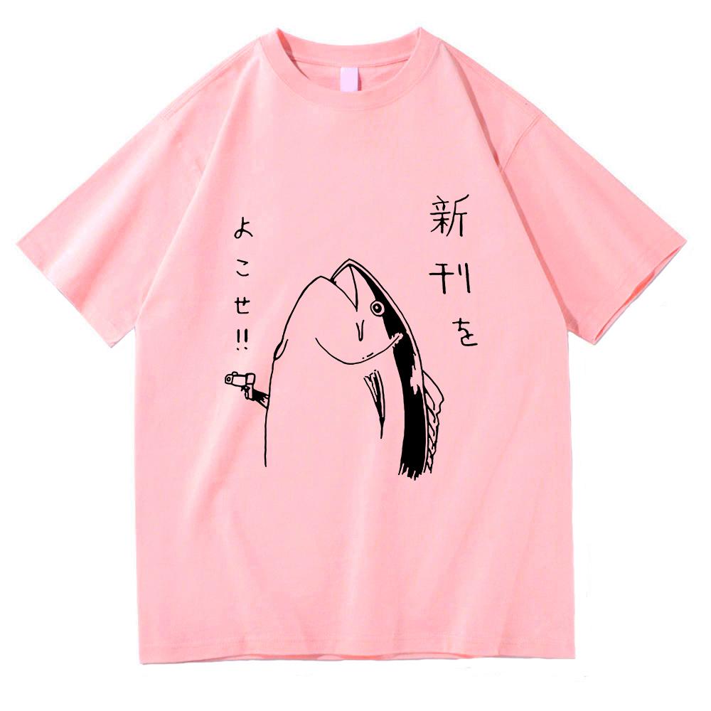 Harajuku Style Lovely Autumn All-purpose Top Fun Japanese Fish and Gun Design T-shirt Couples Unisex Cotton Design T-shirt
