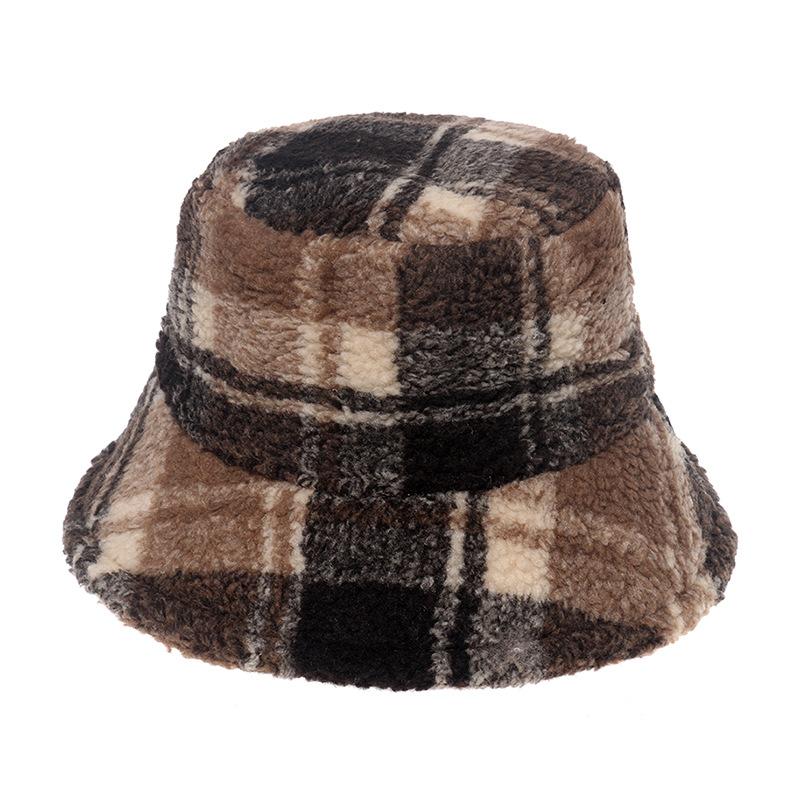 ins European and American foreign trade fashion plaid thermal hat versatile men and women lamb wool bucket hat autumn and winter basin hat plaid
