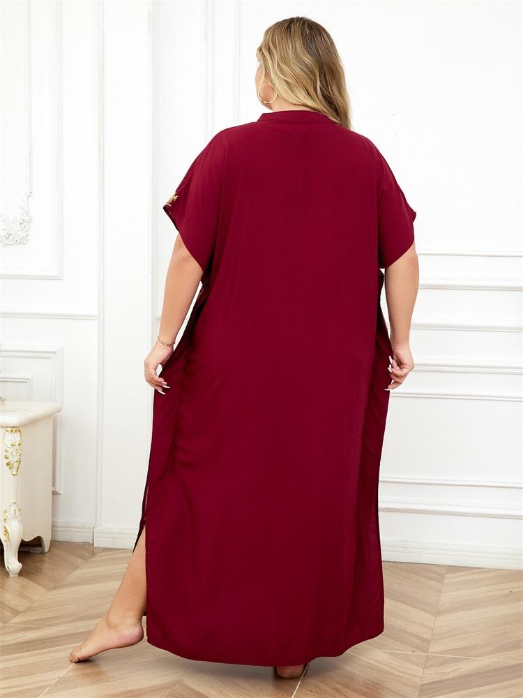 EDOLYNSA Embroidered Red Kaftan Women's Fashionable Robe Boho V-neck Batwing Sleeve Beach Maxi Dress Holiday Cozy House Robe