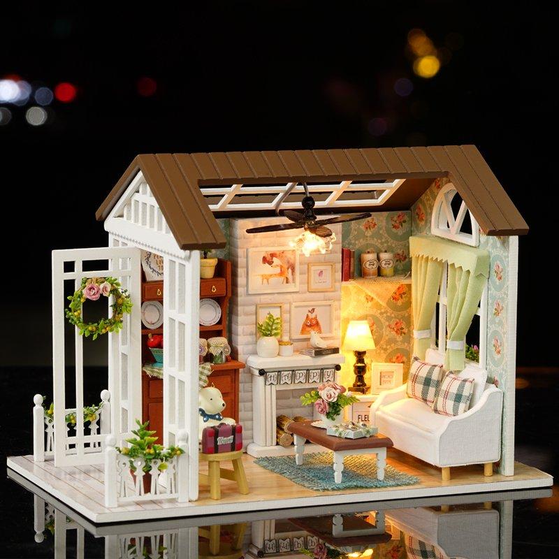 CUTEROOM DIY Wooden Miniature Dollhouse Kit with Music Box, LED Lights & Dustproof Cover - Beginner's Handmade Miniature House, Natural American
