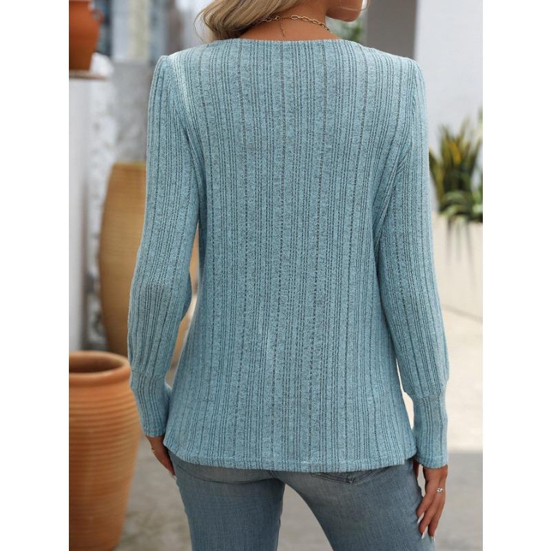 Women's Square Collar Pit Stripe Frosted Solid Color Top Long Sleeved Button T-shirt