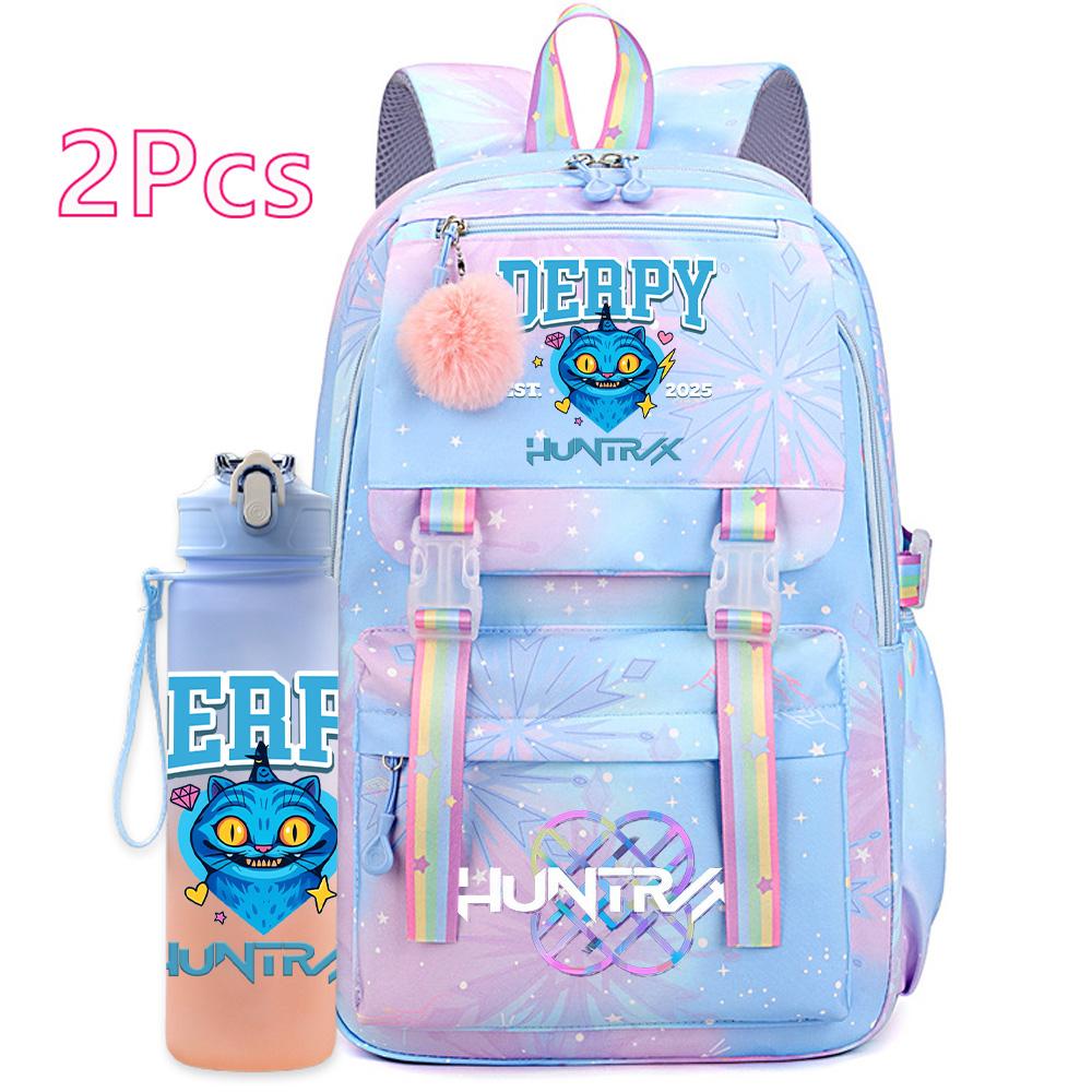 2Pcs/set Cute K-Pop Demon Hunters Printed Backpack with 750Ml Water Bottler for Teenager Student Girl Boy Large Capacity Waterproof Bookbag Travel Bag