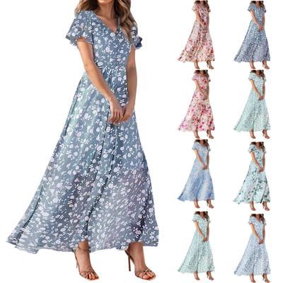 Sommerkleider für Damen, lässig, kurzärmelig, Maxikleider, süßes Blumenmuster, Maxikleider für Hochzeitsgäste, fließende Chiffonkleider