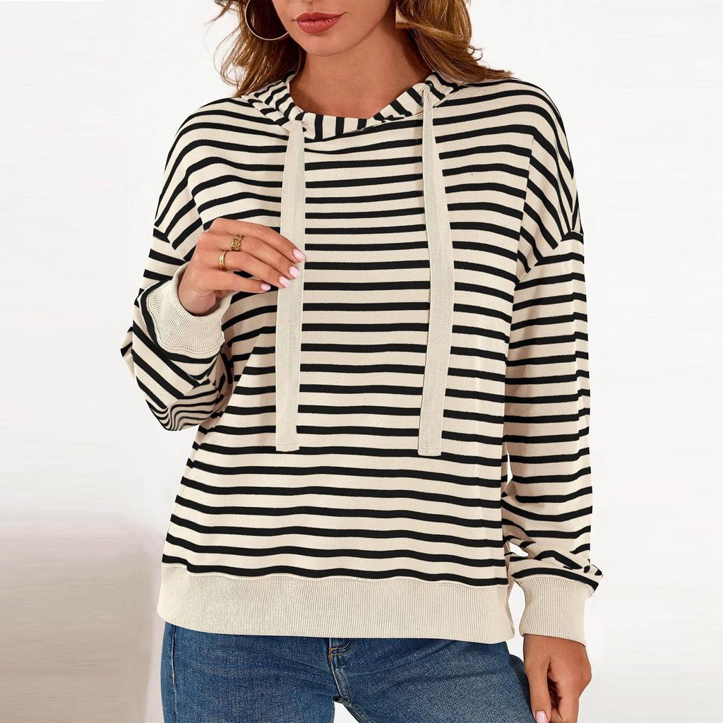 Damen Gestreiftes Kapuzen Sport Casual T-Shirt Sweatshirt