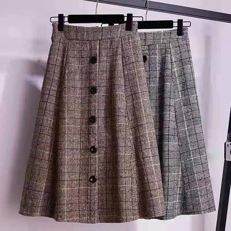 Women's Fall and Winter Plaid Retro Half-body Skirt Ladies Temperament Elegant Tweed Skirt