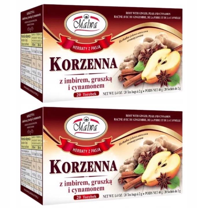 Malwa Herbatka ziołowo-owocowa korzenna z imbirem gruszką i cynamonem 40 g (20 x 2 g) x 2 sztuk