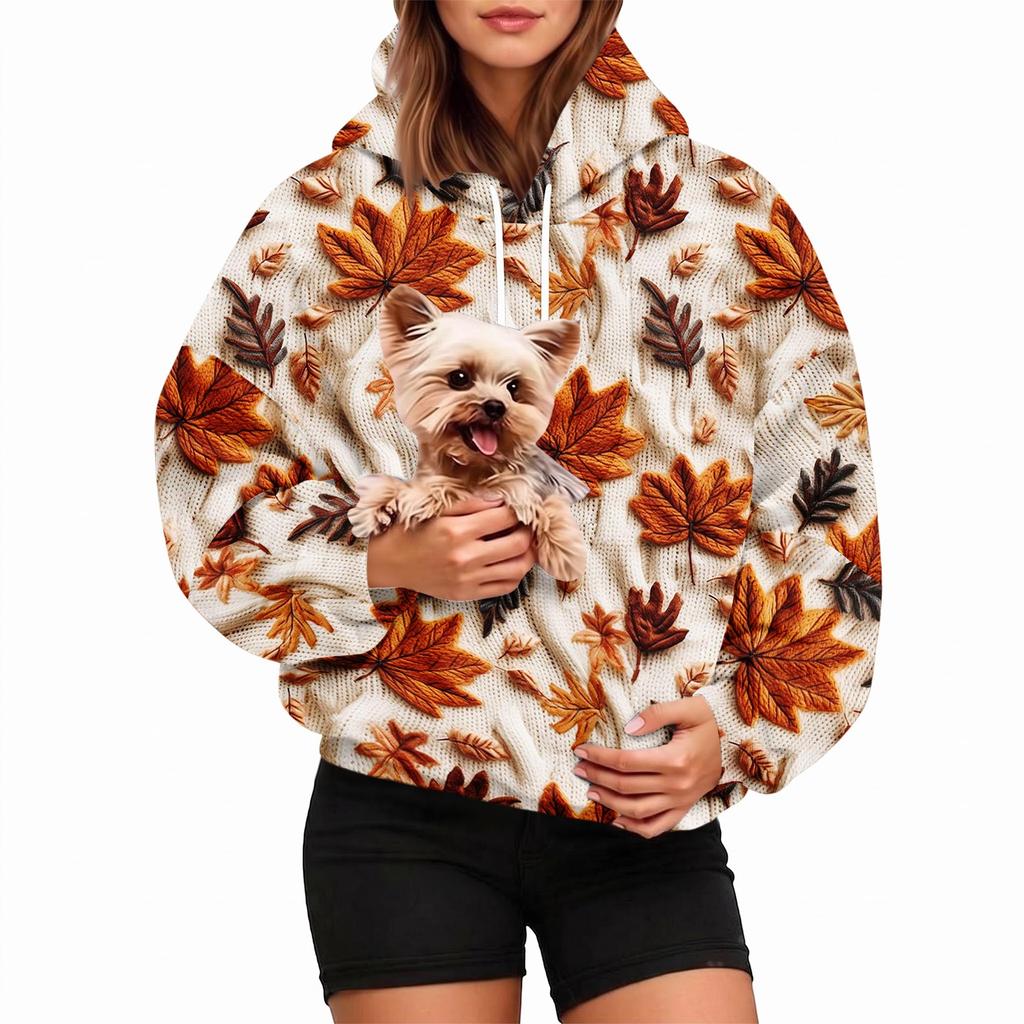 Women's Fashion Hooded Sweatshirt with Leaves Print and Pet Pocket for Casual Wear