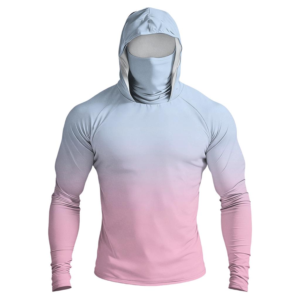 Men Raglan Sleeve Gradient Hooded Long Sleeve Sun Shirt Lightweight Pullover with Thumb Holes for Outdoor Activities