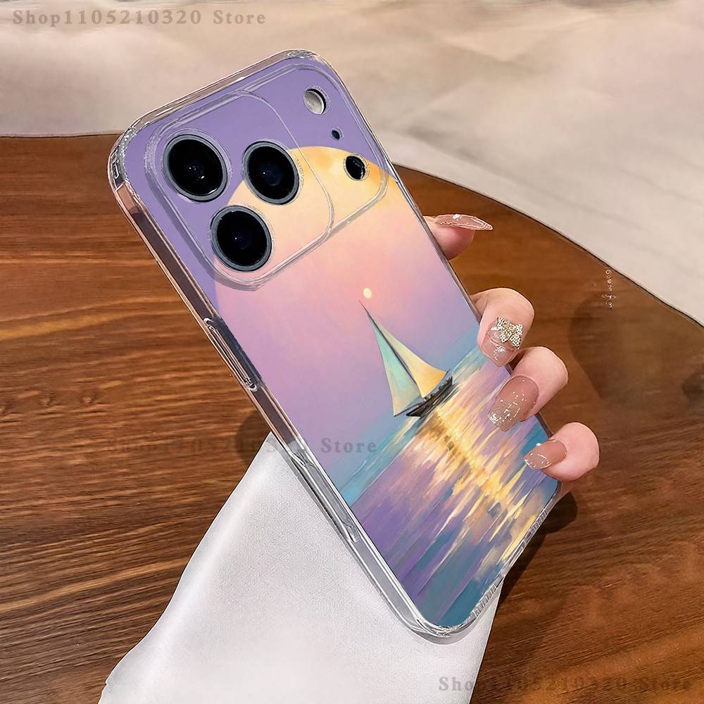 Sailing Boat Art Phone Case iPhone17 16 15 14 13 12 11 Pro Max Plus Mini Clear Full Back Cover Silicone Soft Shell