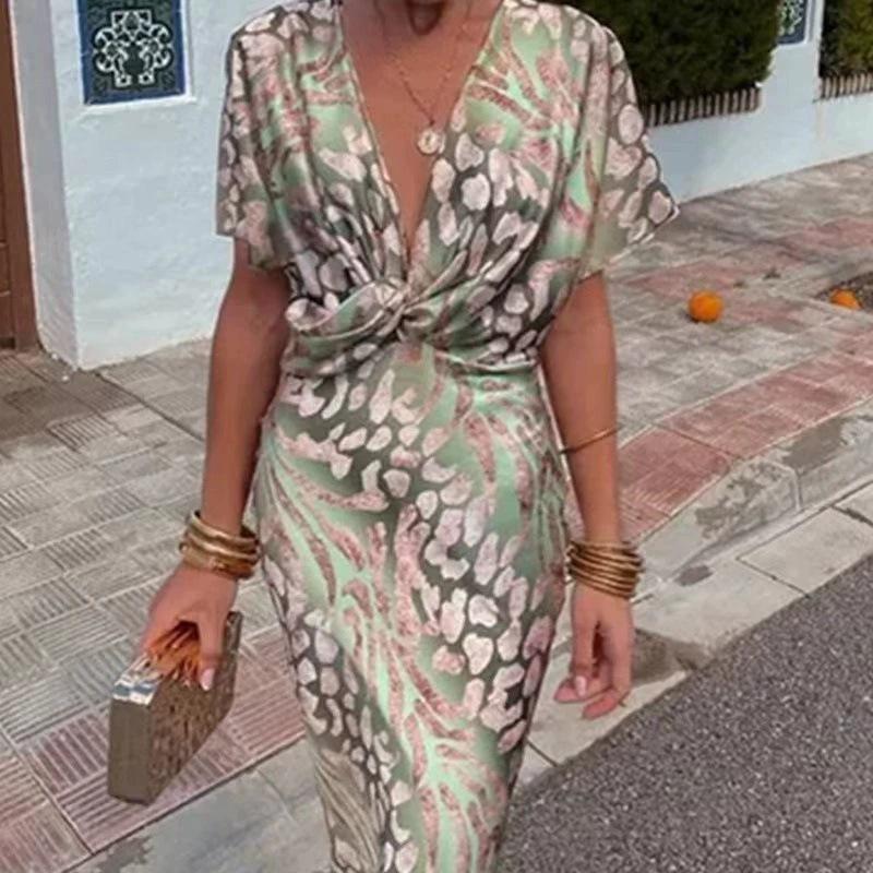 2024 Summer European & American Fashion V-Neck Printed Twist Long Sleeve Top for Women