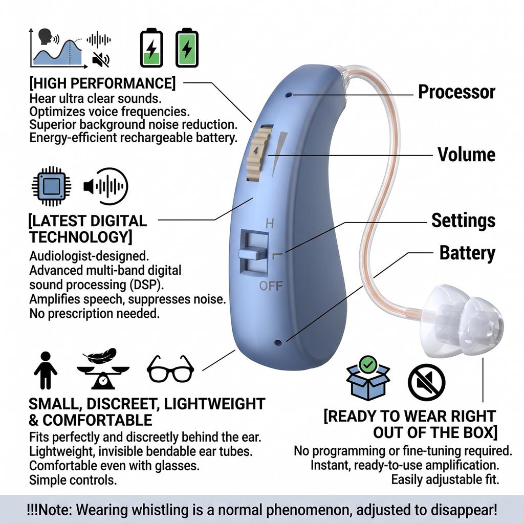 Mini Rechargeable BTE Hearing Aid Adjustable Tone Digital Sound Amplifier Portable Elder Hearing Device