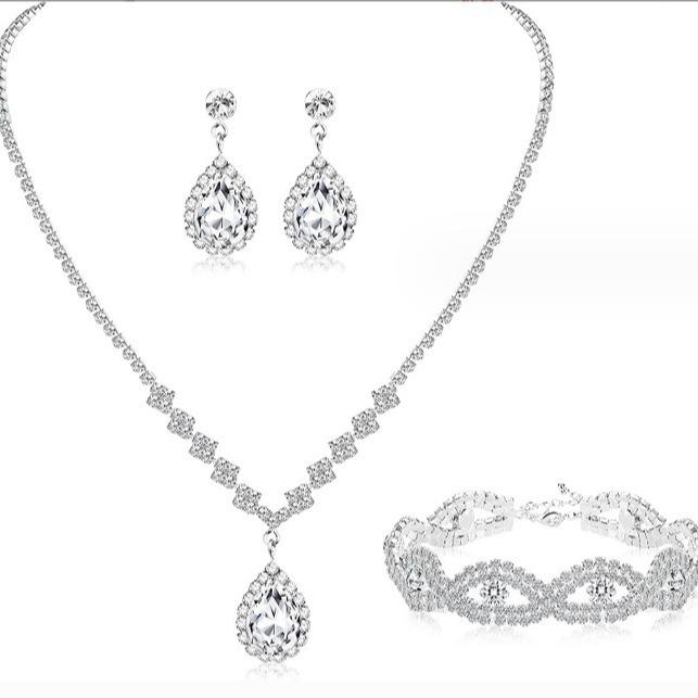 Bridesmaids Ball Outfit Rhinestone Jewelry Set Bridal Wedding Metal Zircon Water Drop Wave Necklace Earrings Bracelet