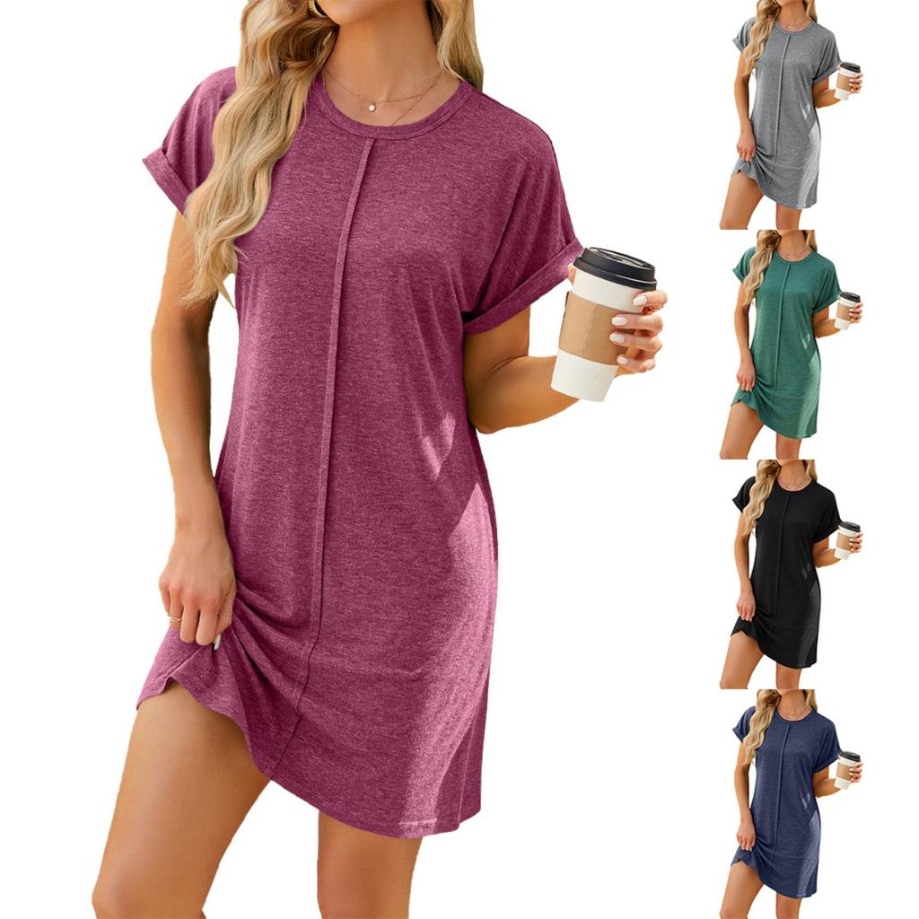 Spring Summer Women's Casual Solid Color Crew Neck Loose Short Sleeve Dress For Cross-border Export