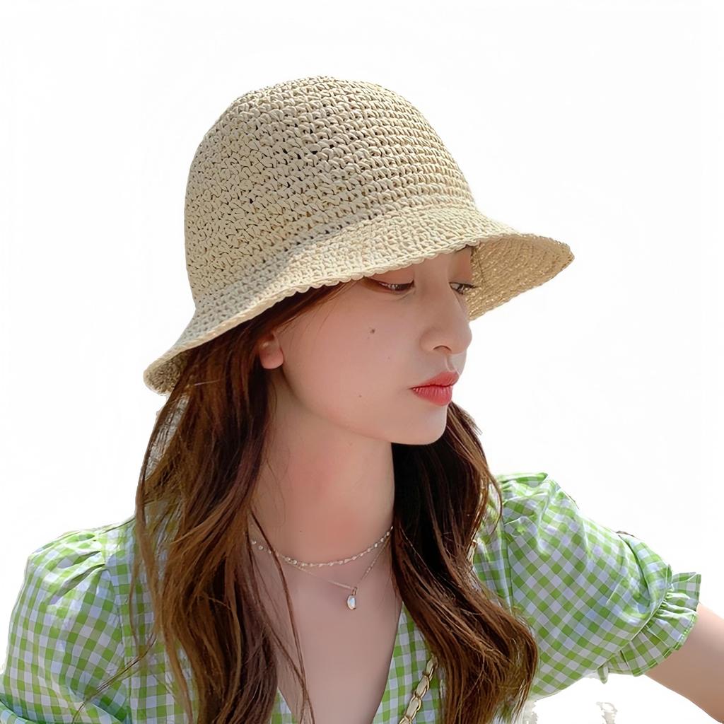 Women Hat Pure Handmade Woven Straw Breathable Summer Sunshade Hat UV Protection Seaside Vacation Fisherman Hat
