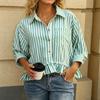 Camicia a righe da donna con bottoni, Blusa a maniche 3/4 con colletto e bordo arricciato, Top peplo cropped casual