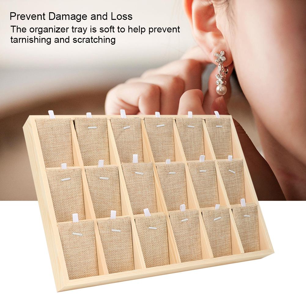 Wooden Velvet Jewelry Display Tray Showcase Storage Case For Earring Bangle Necklace (18 Slots)