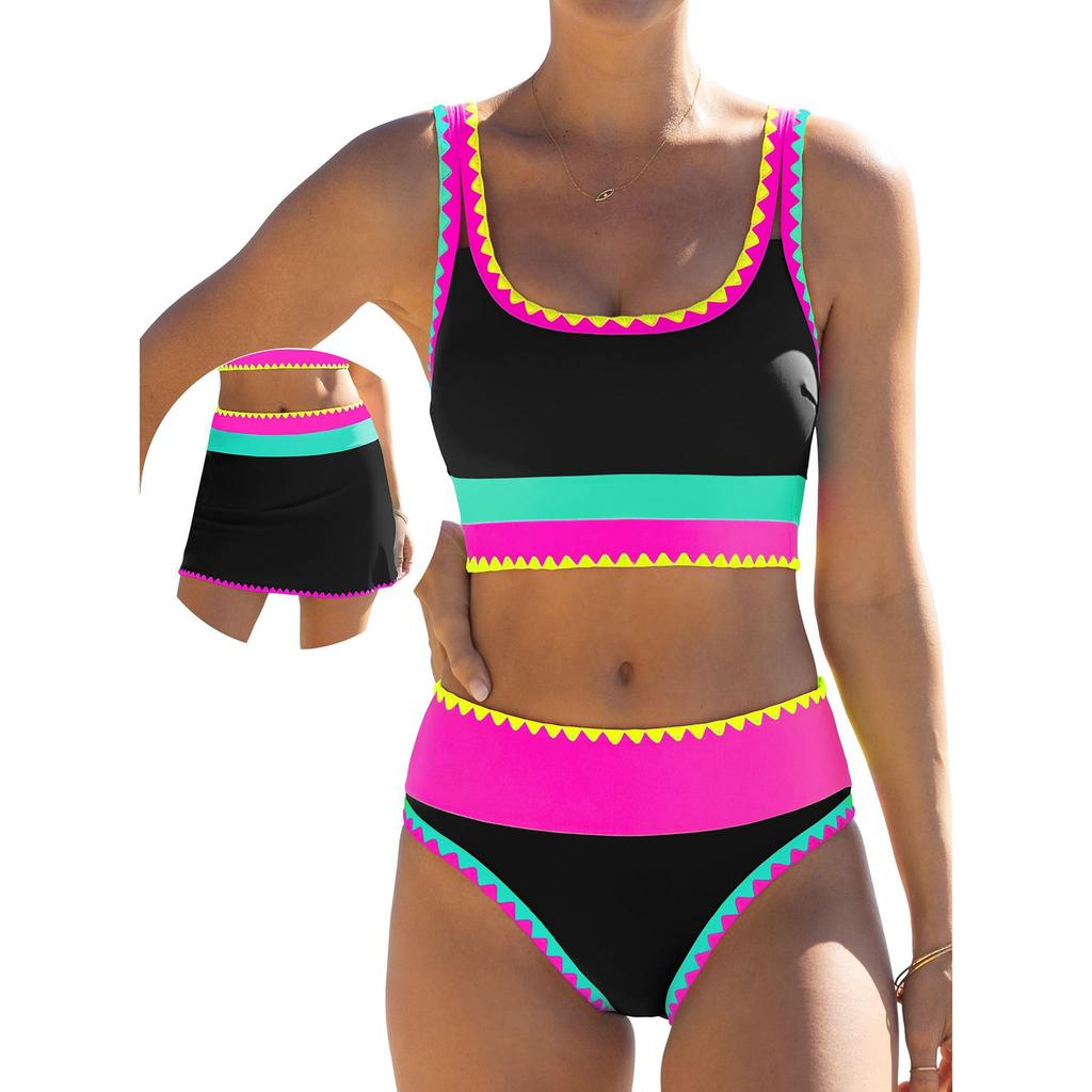 Women Two Piece Tankini Swimsuit Set Scoop Neck Crop Top and High Waist Skirt Swimwear with Trim Design