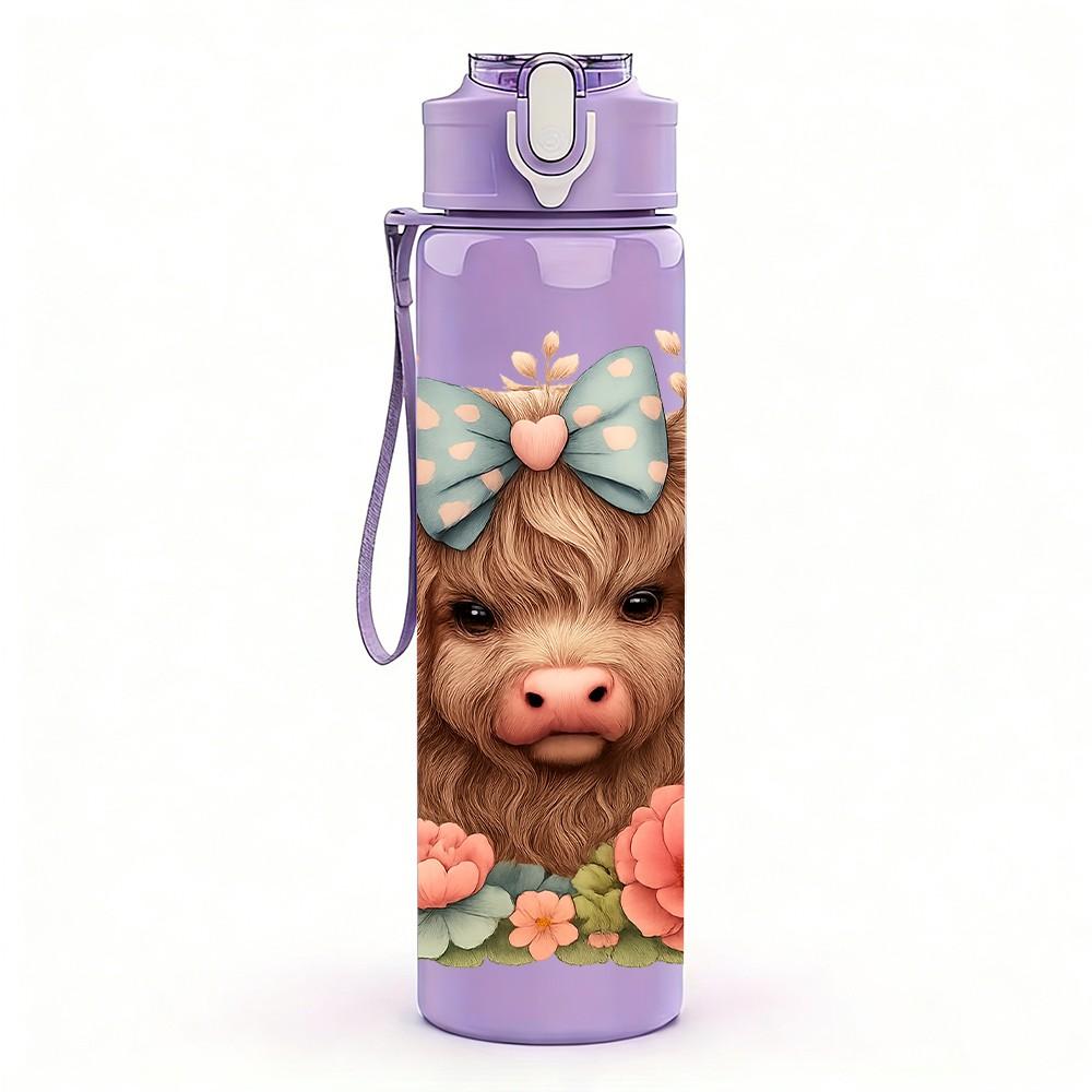 1PC Highland Cow Butterfly Floral Print 750ml Color Plastic Sports Water Bottle Leakproof Flip Straw Lid Suitable for Sports Office Home Use