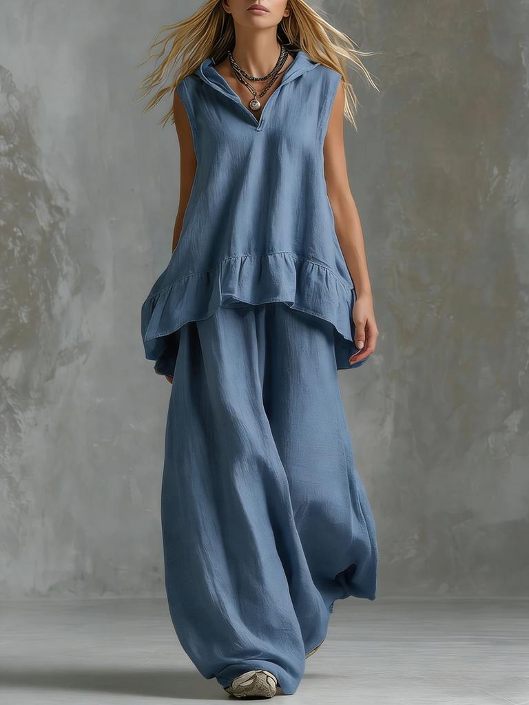 Sommer Neues Elegantes Mode Baumwoll Leinen Lässiges Ärmelloses Oberteil Weite Hosen Set