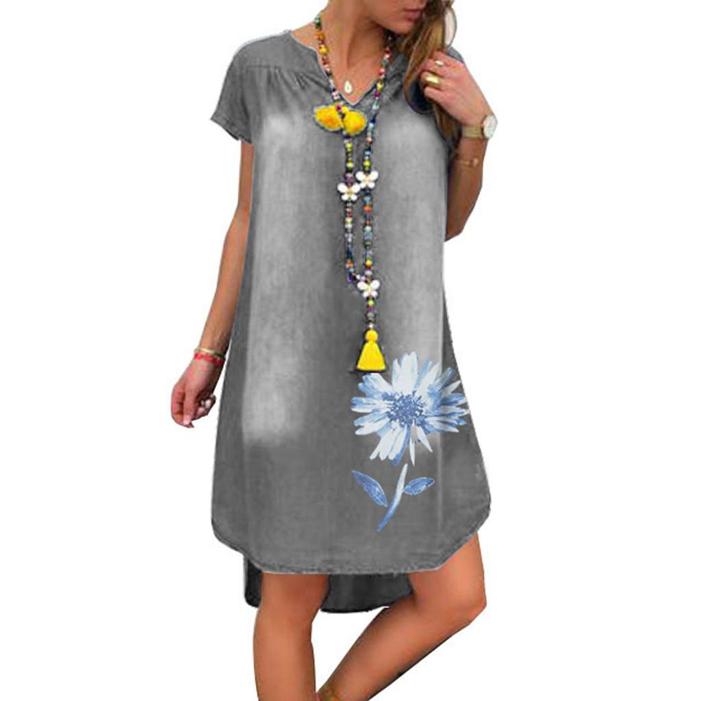 Fashion Women's Casual Printed V-Neck Short Sleeve Knee Length Denim Dress