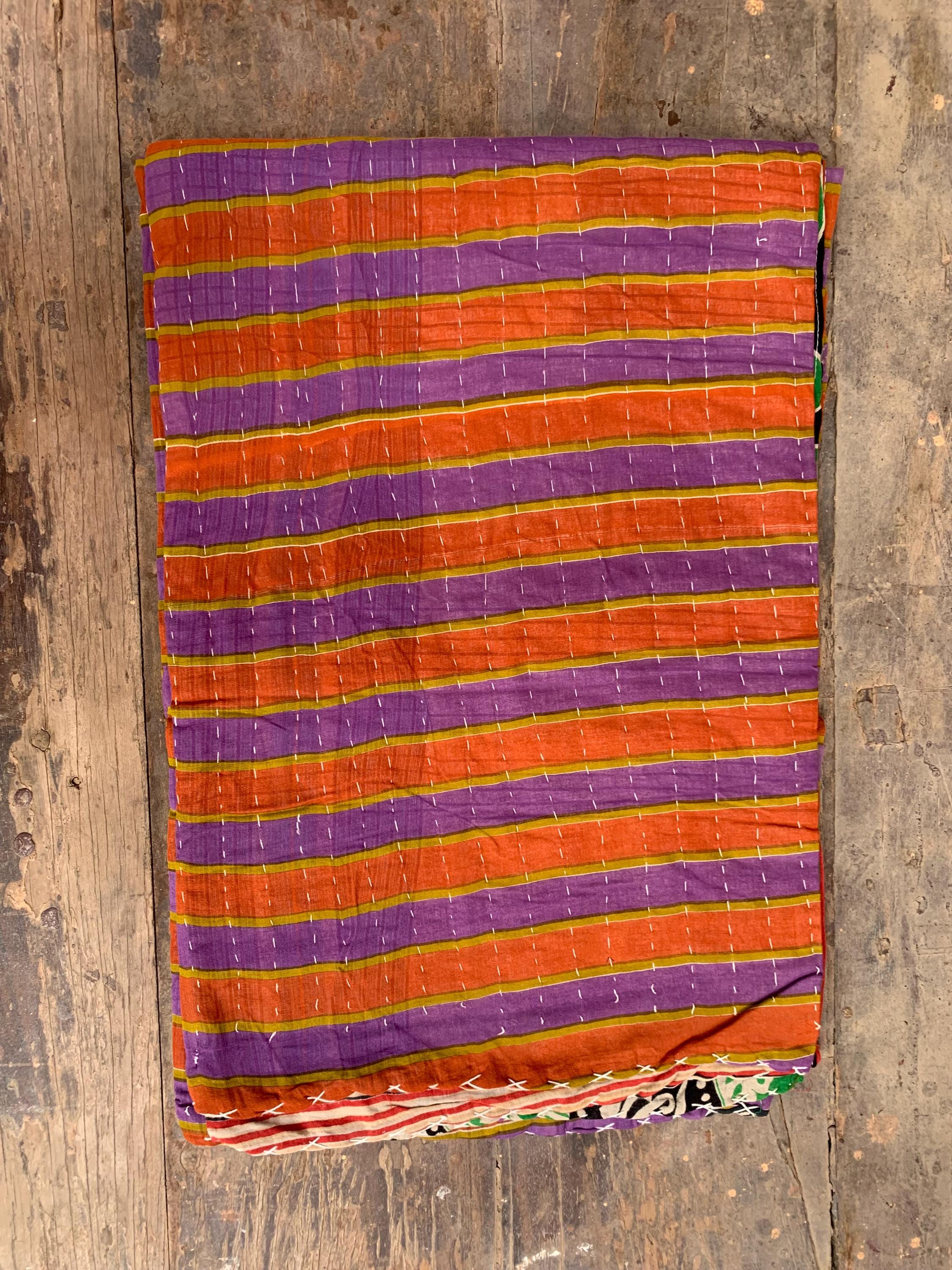 

Handmade Red Floral Kantha Quilt: Vintage Indian Cotton Throw Blanket 80X 50