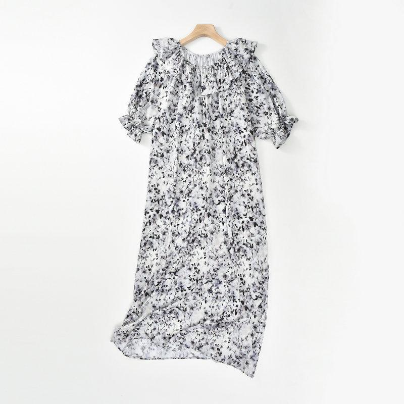 

Хлопковый Нуил Цветочный Длинное Платье О-образный вырез с Рюшами Приталенное Бохо Пляжная Накидка Свободный Пояс на Кулиске Вискозные Тонкие Платья One Size