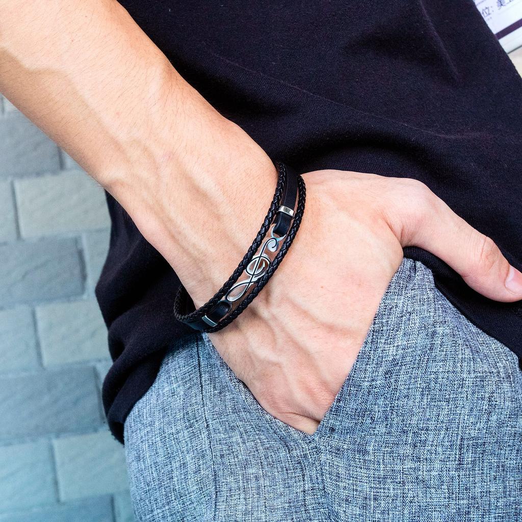 And American European Hiphop Mens Bracelets Mens Musical Note Leather Bracelets Simple Multilayered Braided Trendy Mens Bracelets