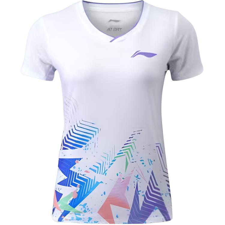 Li-Ning Badminton Series Colorful Print V-Neck Pullover Short Sleeve Badminton Shirt Women tops Standard-White AAYT994