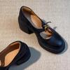 Thick-soled Round Head Small Leather Shoes Women's 2025 British Versatile Retro Light Mouth One-word Buckle Thick Heel Mary Jane Shoes Single Shoes