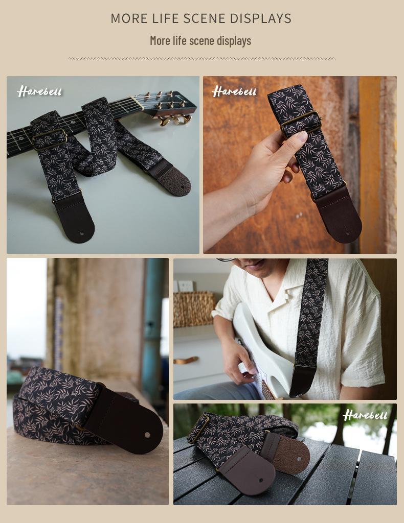 Comfortable Non-Slip Bakelite Guitar Strap with Plant Pattern; Widened Shoulder Support, PO-085 Ink Leaf Initial.