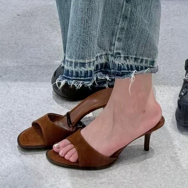 Fashion High Quality Brown Satin Slippers Women Fashion Pointed Toe Thin Heel Slide Sandals Comfort Concise Designer Shoes Zapatos Mujer