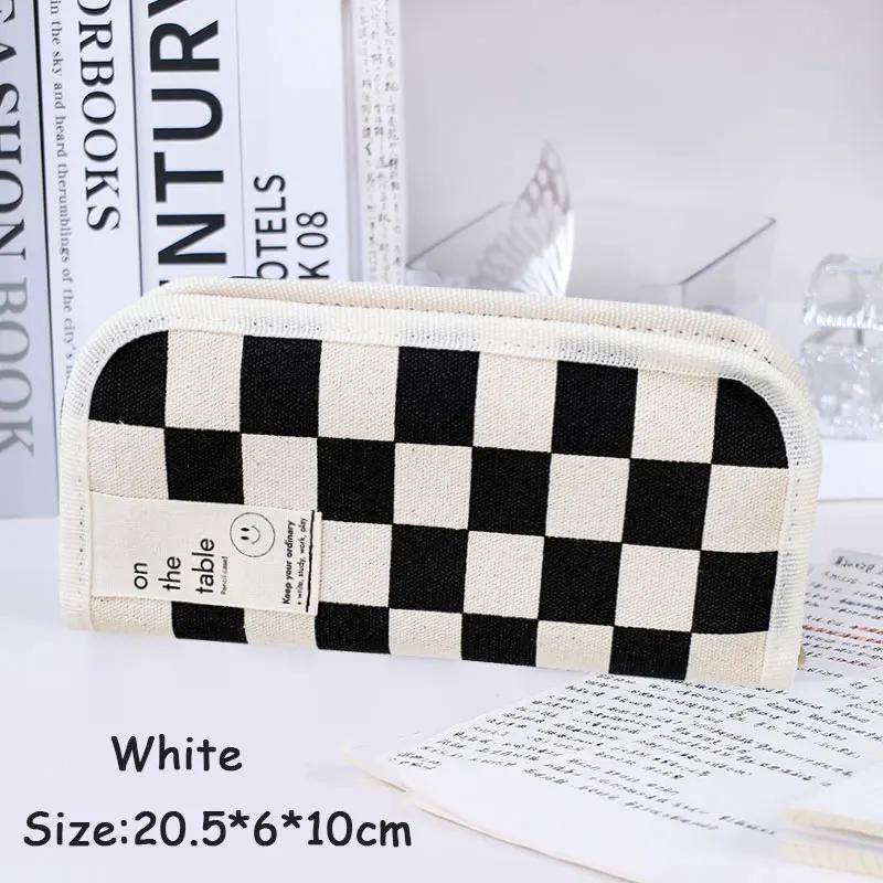 Kawaii Pencil Case Checkerboard Lattice Large Capacity Canvas Pencil Bag for students Multifuncional school Stationery box
