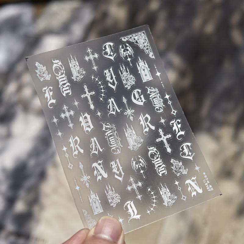 1 Sheet European Letter Nail Decor Sticker 3D Dark Gothic Impression Self Adhesive Nail Art Decals Thin And Tough Nail Stickers