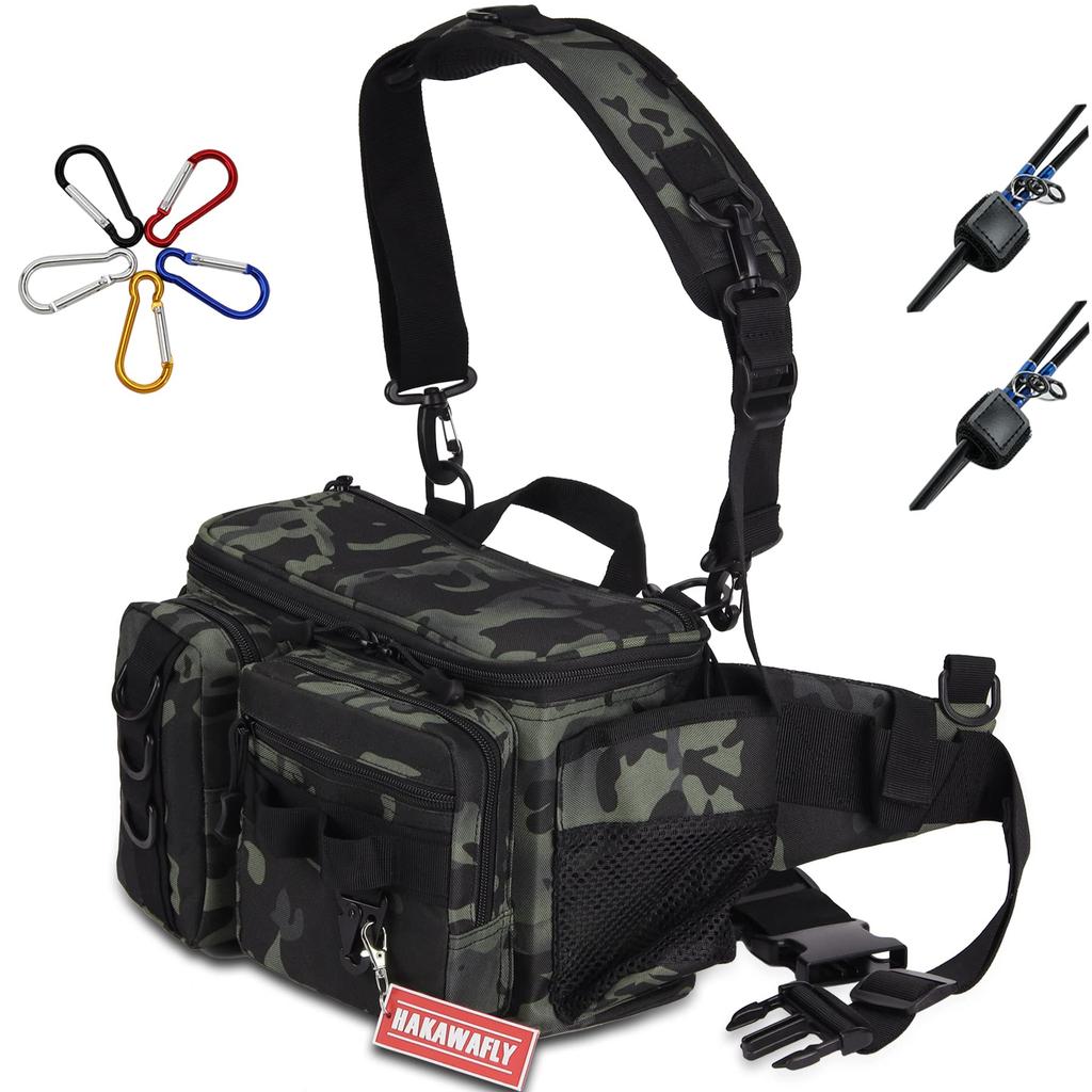 HAKAWAFLY Fishing Wide Large Waist Wide Fishing Tackle Hip Shoulder Pad Water Repellent Includes 2 Rod Holders and 5 Carabiners Bag, Mouth, Capacity,