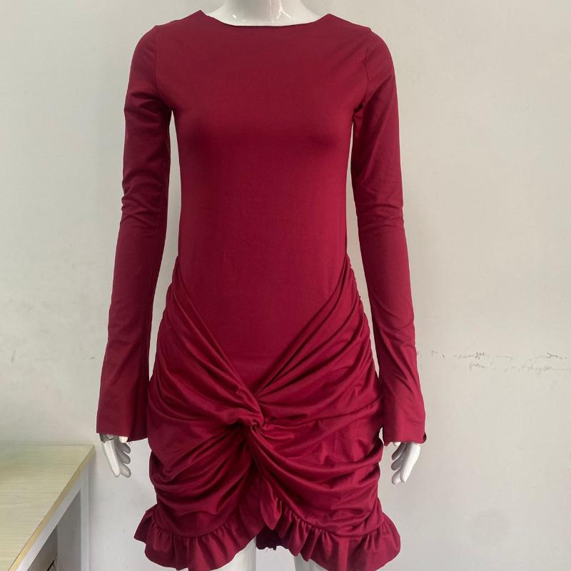 

Европейское и американское весеннее однотонное платье с круглым вырезом и длинными рукавами, модное, темпераментное, с плиссированным подолом, витое платье для женщин L красный