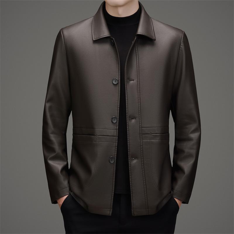 Men's Mid-Length Fleece-Lined Leather Jacket with Turn-Down Collar, Plus Size, Casual Coat
