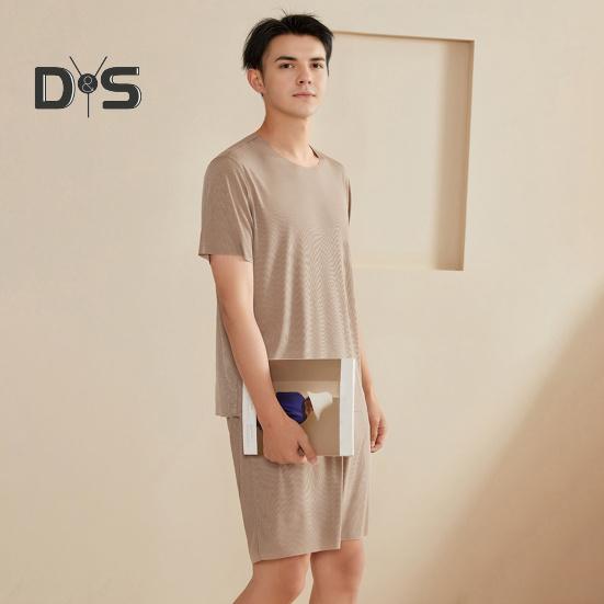 Pánské pyžamo s 2 ks, krátkým rukávem a výstřihem do V, elastickým pasem a kraťasy, jednobarevné, domácí oblečení