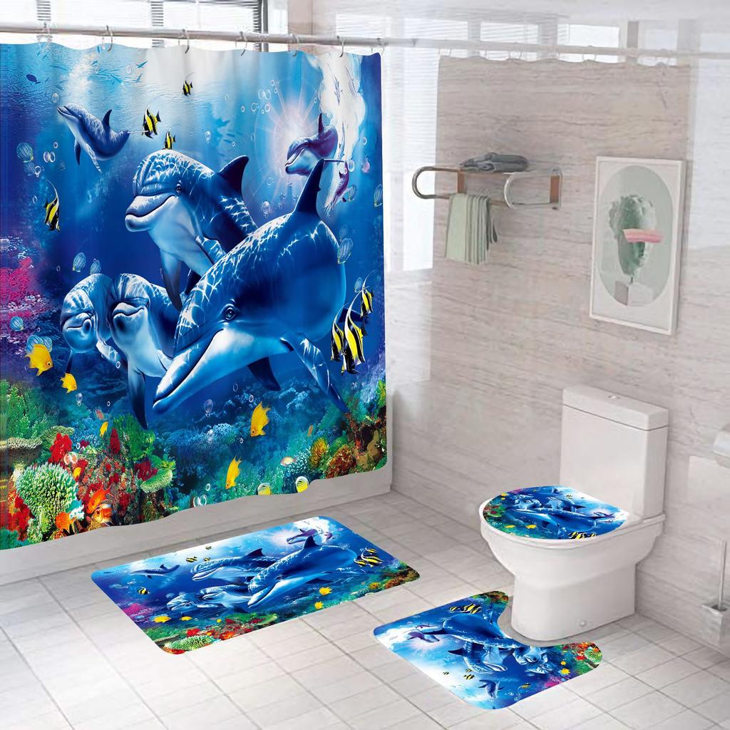 Bathroom Shower Curtain Four-piece Digital Printing Sand Underwater World Waterproof Shower Curtain Shower Curtain Partition Curtain Bath Mat