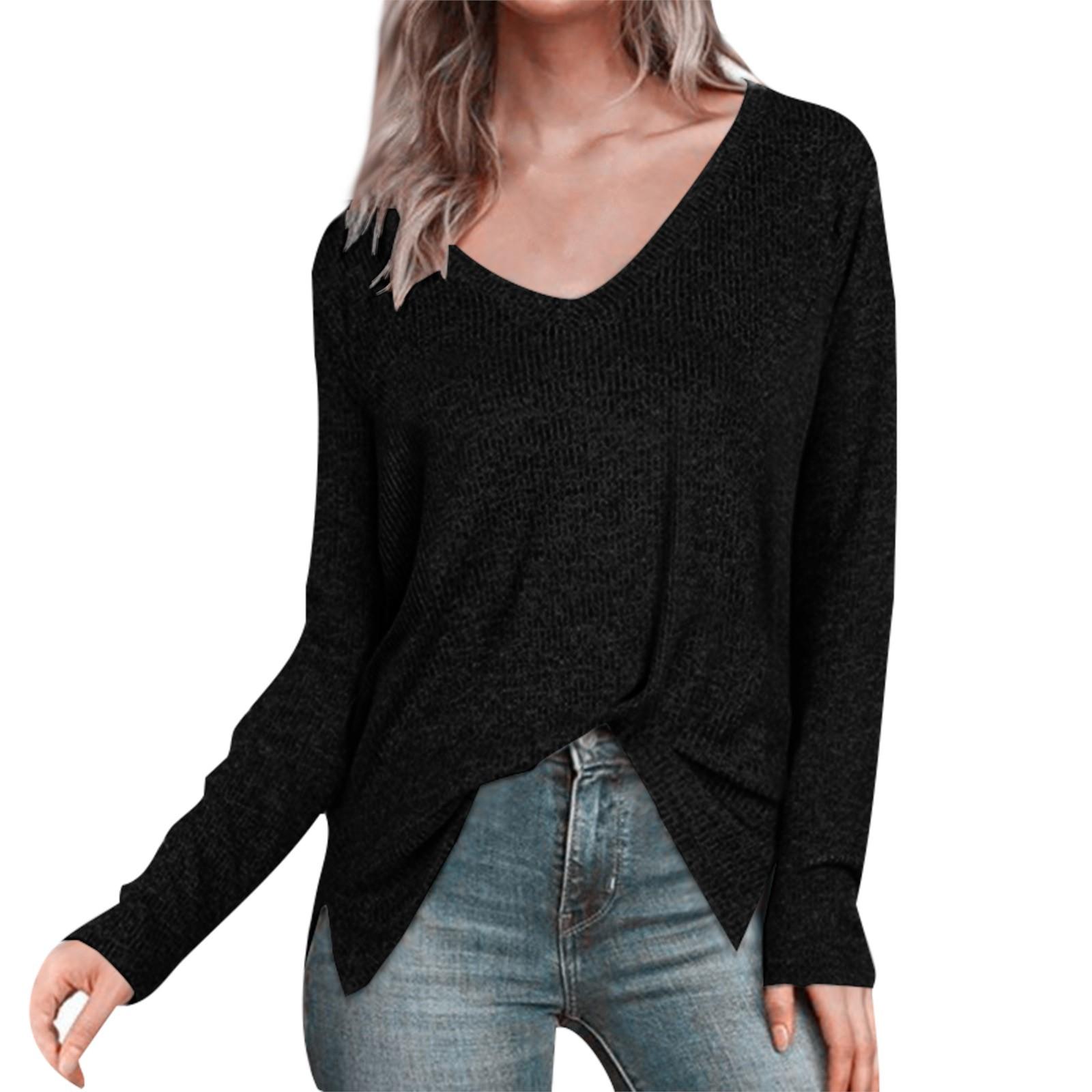 

Женская мода V-образный вырез разрез свободный повседневный однотонный пуловер с длинным рукавом топ L чёрный
