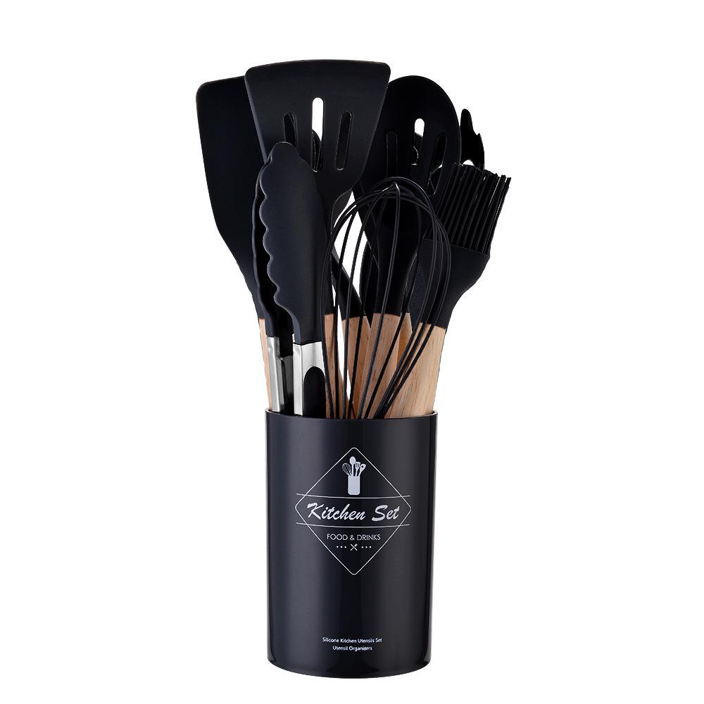 14-Piece Wooden Handle Silicone Kitchen Utensil Set with Storage Bucket for Non-Stick Cookware