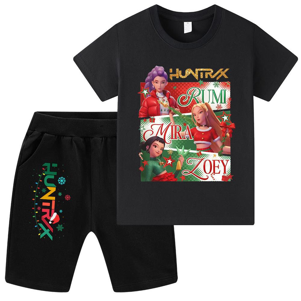 WA1264 Kids Boys Girls Kpop Rumi Zoey Mira Christmas Print Short Sleeves T-shirt Shorts Pants Sets