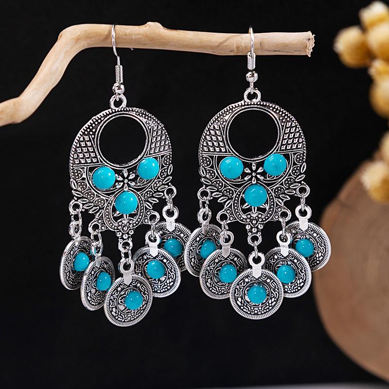 Bohemian Fringed Turquoise Earrings, Retro Minority Style Earrings, Personalized Temperament Earrings.