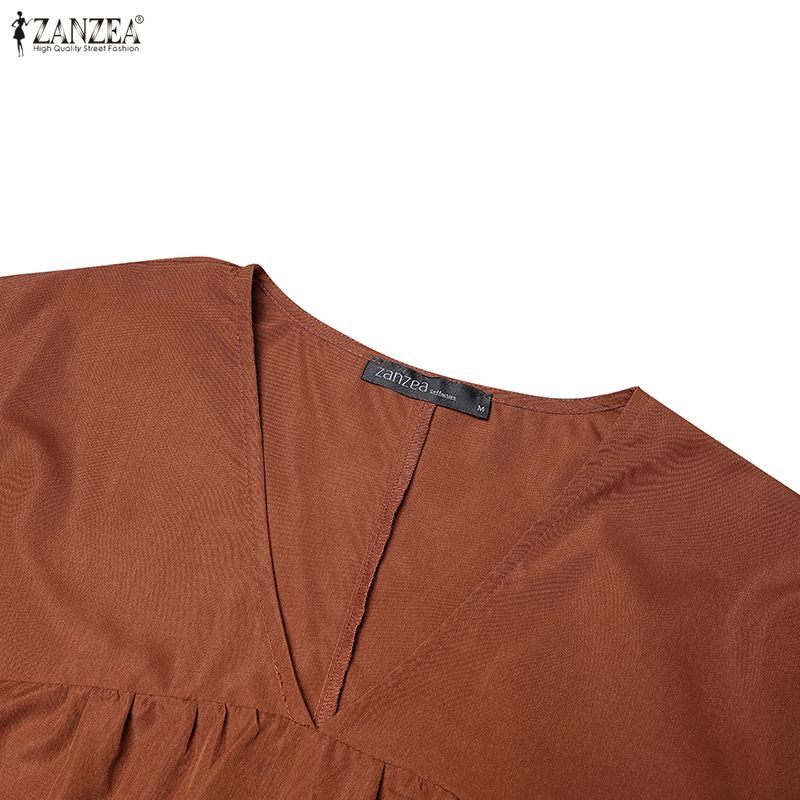ZANZEA Women Casual V-Neck Solid Color Short Sleeve Long Dress