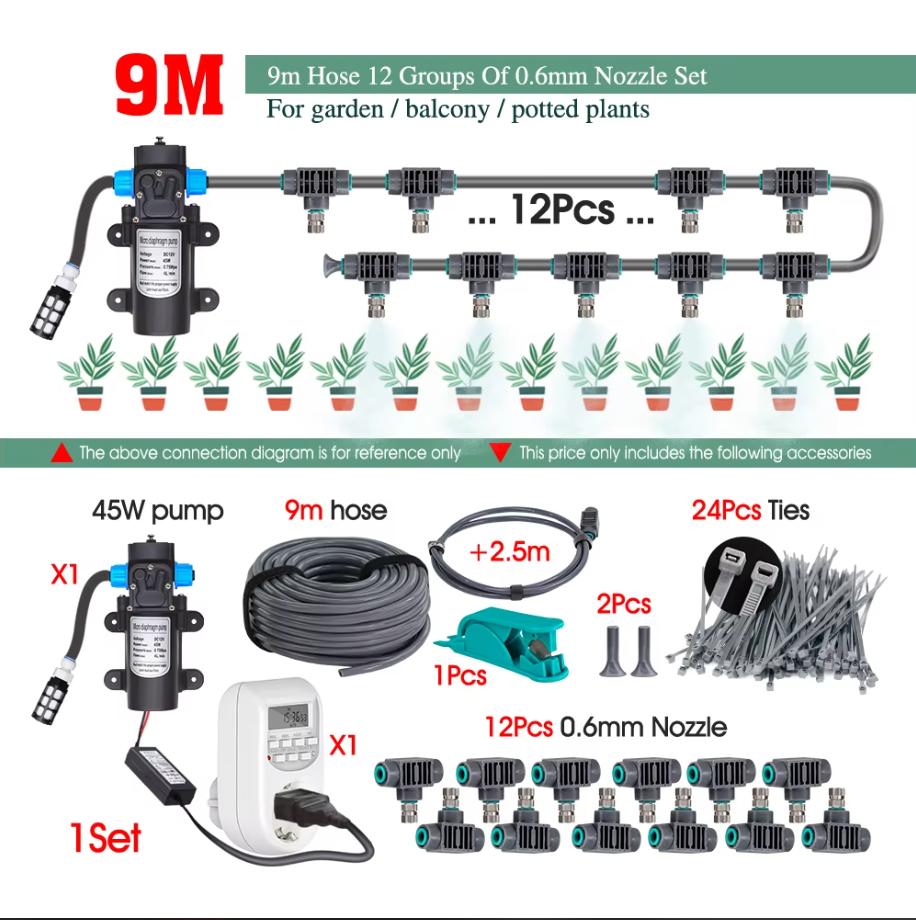 45W Pump Garden Irrigation Kit 0.6mm Misting Cooling System Self-priming 110-240V Power Supply Fine Atomization Sprayer Fittings