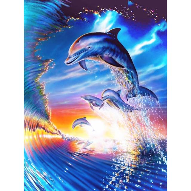 Animal Dolphins with Fish 5D Diy Diamond Painting Full Round Drill Mosaic Diamond Embroidery Rhinestones Home Decoration
