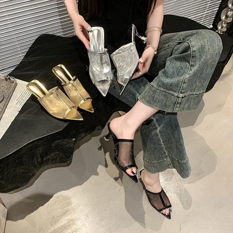 Transparent Silk Gauze Mule Slides Woman Bling Lace Mesh Pointed Toe High Heel Slipper Sandals Ladies Evening Party Pump Shoes