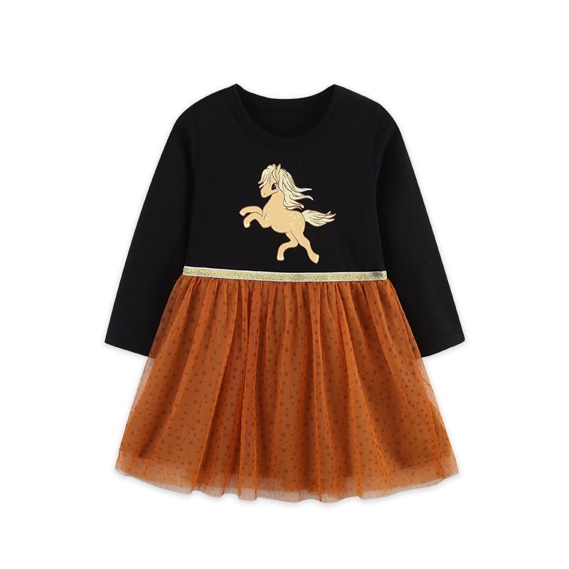 New Autumn Mesh Girls Princess Dress with Cute Cartoon Print - European Style. 6 Years (120 cm)