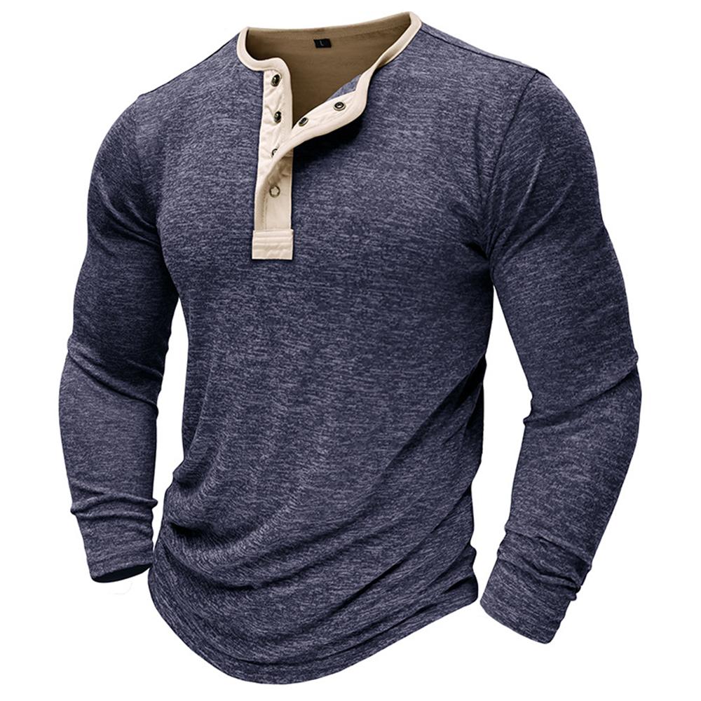Herren-T-Shirt, einfarbig, langärmelig, Henley-T-Shirt, lässiger Pullover, lockere Oberteile, solide Bluse