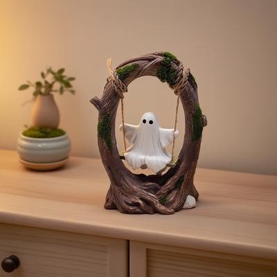 Halloween Swing Ghost Statue Resin Spooky Figurine Ghost Tree Swing Ornament Desktop Bookshelf Garden Patio Lawn Halloween Decor